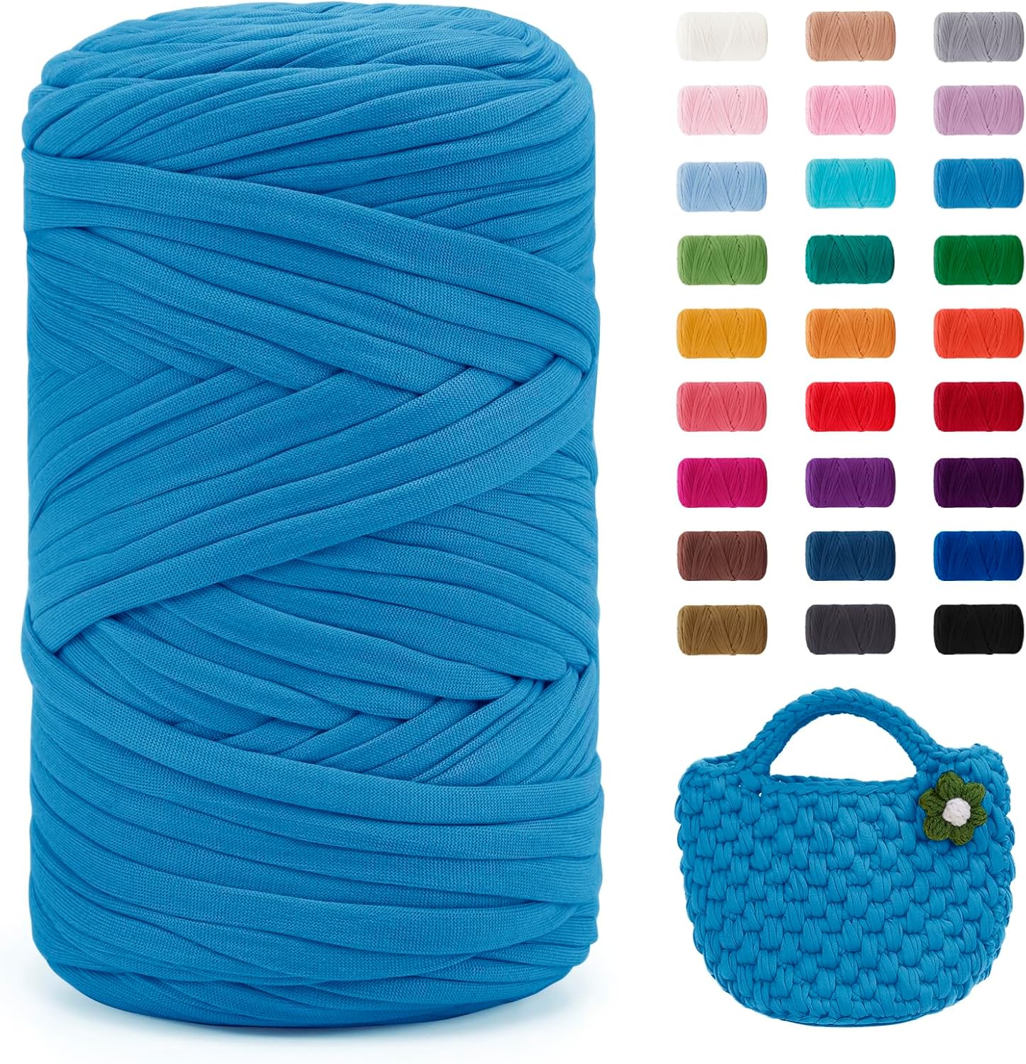 Uiopa Lake Blue T-Shirt Yarn, 400g/120m Elastic Fabric Crochet Cloth T Shirt Yarn, Chunky Hand Knitting Polyester Ribbon for Crocheting Bags/Baskets/Rugs, Home Decor, DIY Crafts