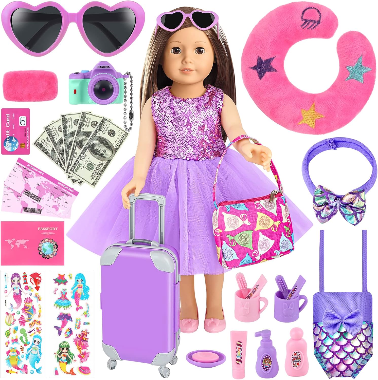 Luucio 30 PCS 18 Inch Girl Doll Accessories Suitcase Travel Play Set - Camera, Suitcase Stickers, Toiletries, Pillow, Blindfold, Sunglasses, Passport, Tickets, Cash, Fit for 18 Inch Girl Doll