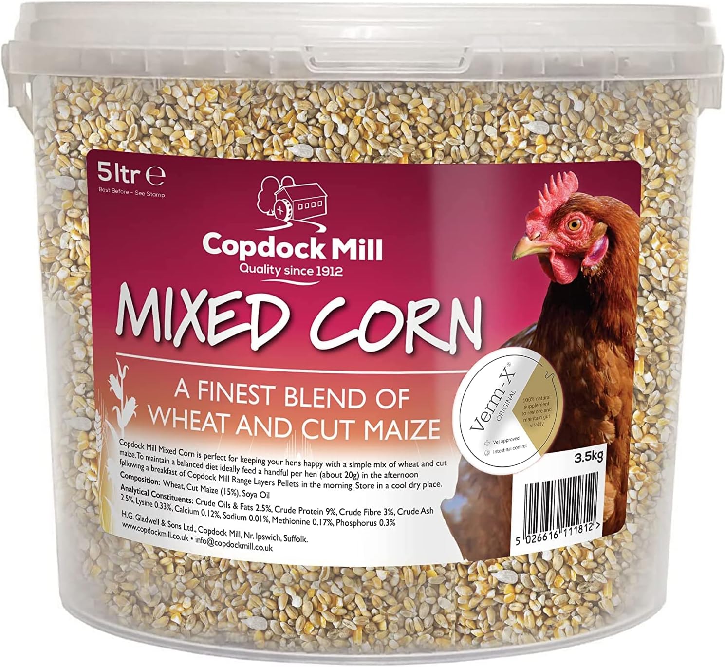Copdock Mill Mixed Corn Poultry Feed with Verm-X 5ltr Tub﻿, Packaging May Vary