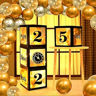 AOKE Happy New Year Party Decoration 2025 New Years Eve Party Balloon Boxes with Balloon and LED Light Strings Black Gold New Years Eve Party Balloon Boxes for 2025 New Years Eve Party Supplies