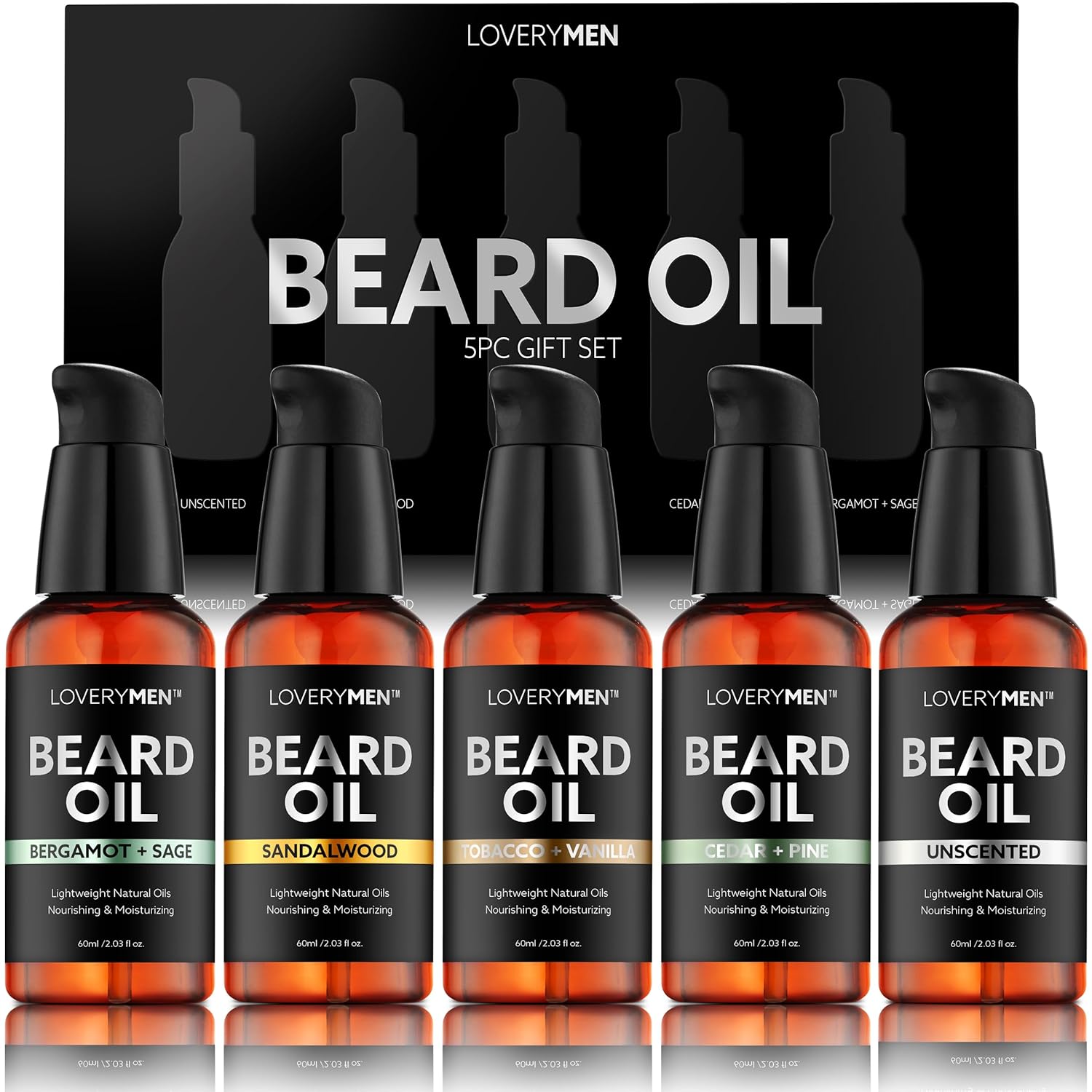 LOVERY Beard Oil for Men - Sandalwood, Tobacco Vanilla, Bergamot Sage, Cedar Pine, Unscented Fragrances, Mens Beard Oil w Argan & Jojoba Oil, Beard Softener Grooming Kit - 5 Pack