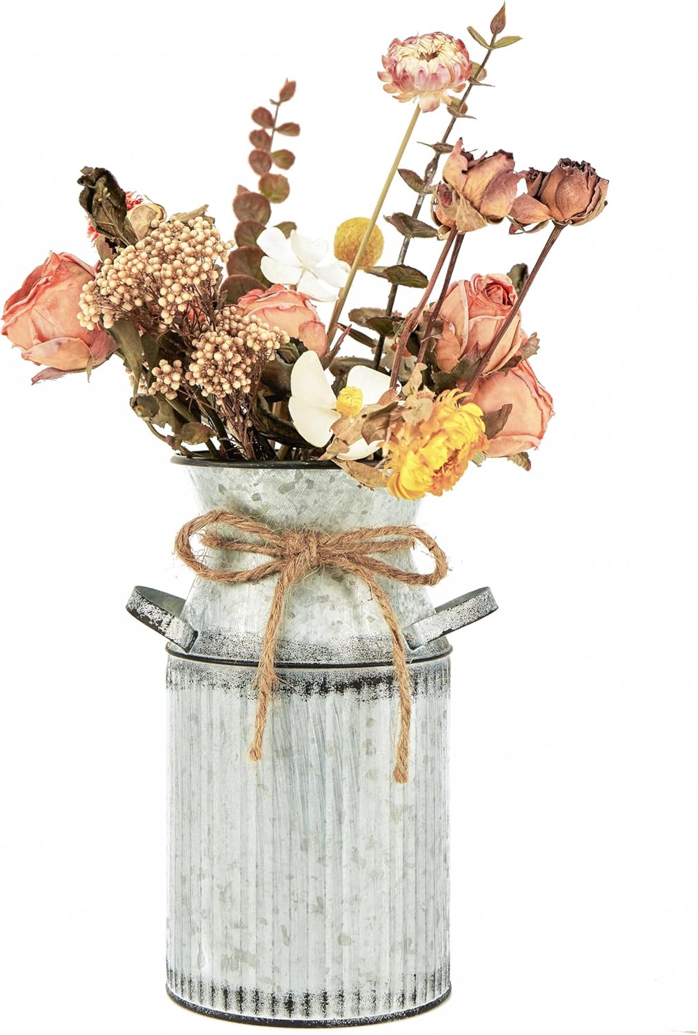 Sturdy Rustic Shabby Chic Milk Can Vase,Thickened Metal Farmhouse Decor,Galvanized Flower Vase for Home,French White Pitcher Vase,Milk Jug Vase,Living Room, Bedroom, Kitchen, Porch, Bathroom