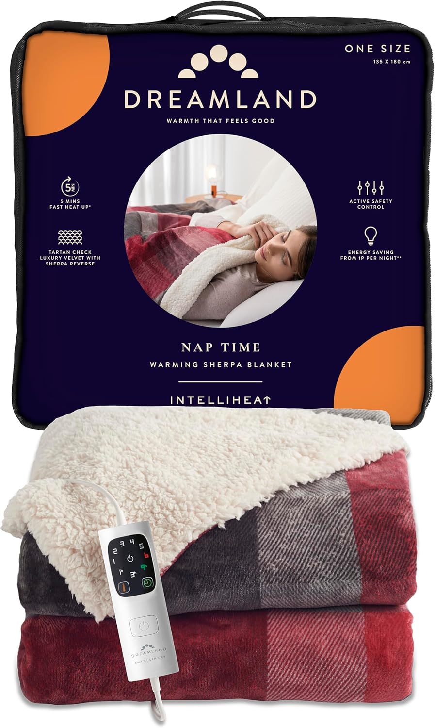 Dreamland Nap Time Heated Electric Blanket – Throw with 6 Heat Settings, Fast Heat Up, Auto Timer for Heat protection, Machine Washable - Velvet Sherpa Tartan Check - 180 x 135 cm