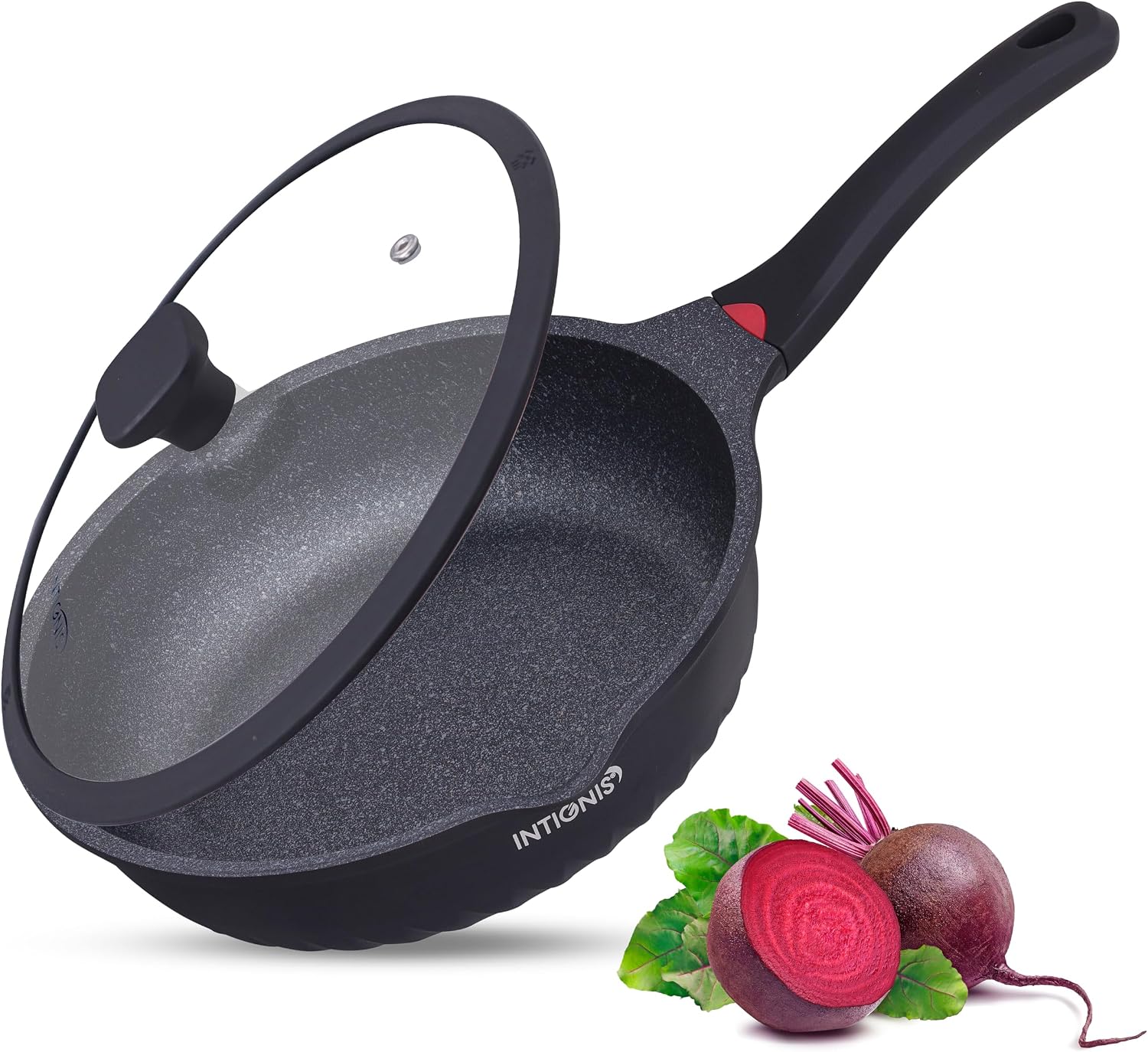 INTIGNIS Deep Non-Stick Frying Pan with Lid – 3-in-1 Sauté Pan, Skillet & Mini Wok – GREBLON Ceramic Coating | Induction Hob Safe | Stainless Steel Base |PTFE & PFOA Free (Black, 30 cm)