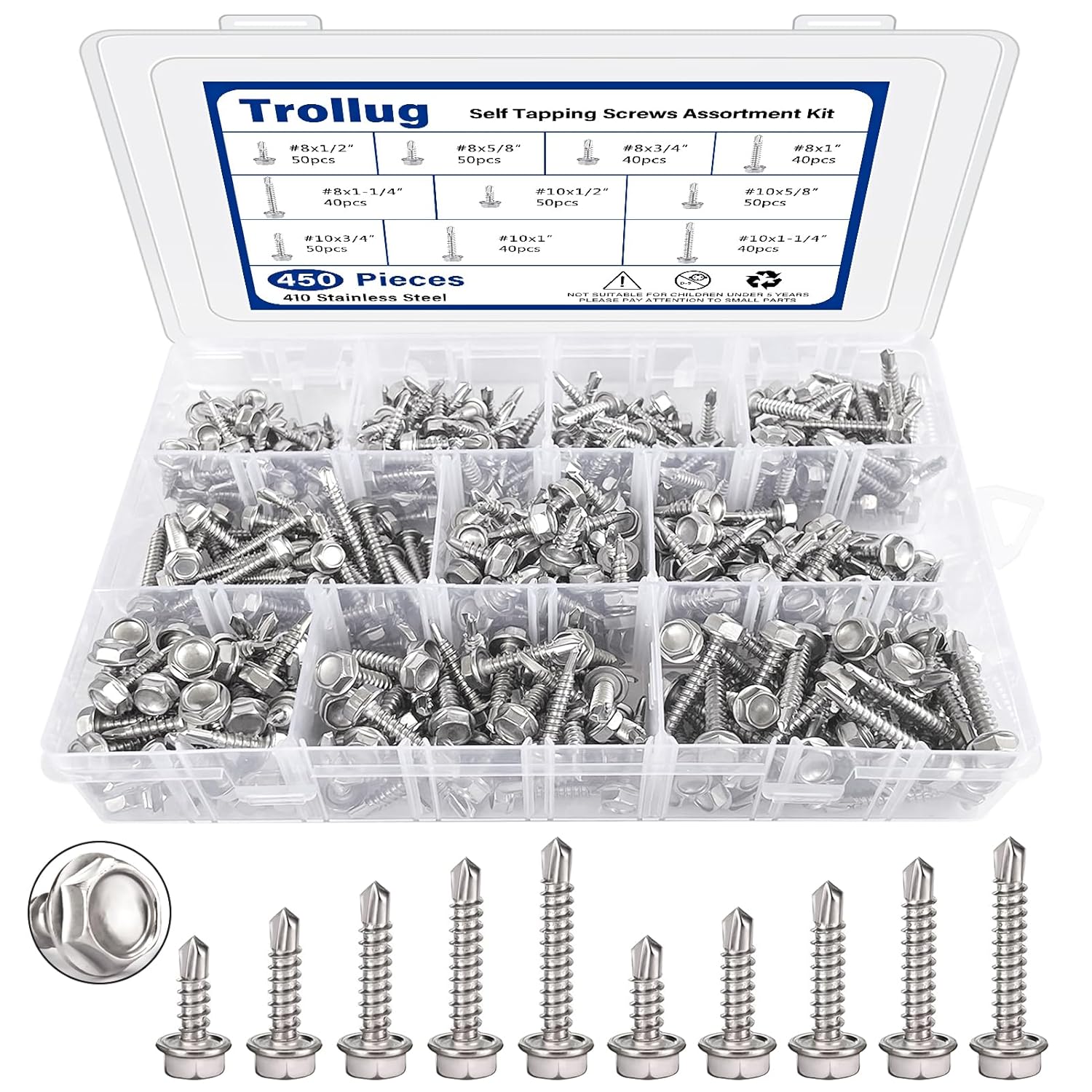 450PCS Self Tapping Screws for Metal, 410 Stainless Steel Self Drilling Screws #8#10 Hex Head Sheet Metal Screws Assortment Kits, Length 1/2"" to 1-1/4'' (Silver)