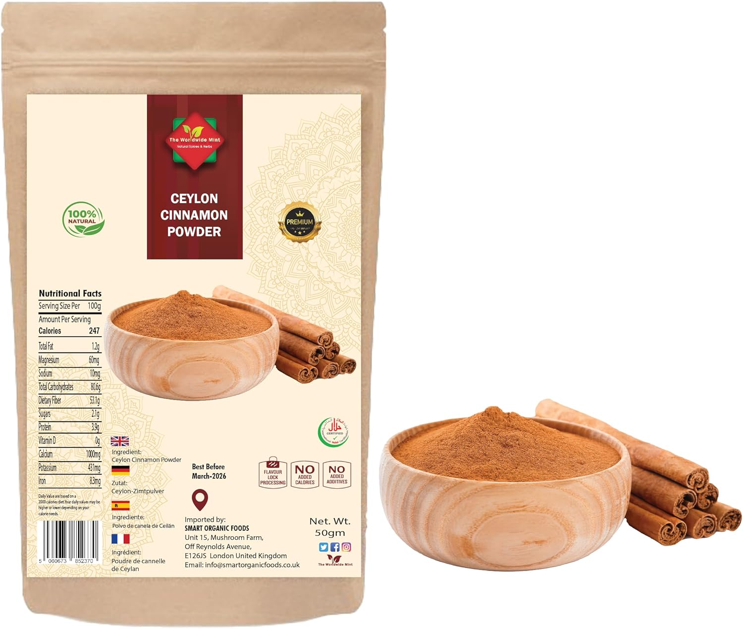Ceylon Cinnamon Powder | Ethically Sourced 100% Authentic True Ceylon (50G / 1.76 oz) | Cinnamon Ground | Dalchini Powder | Premium Quality | Natural | Non GMO| Vegan | No additives