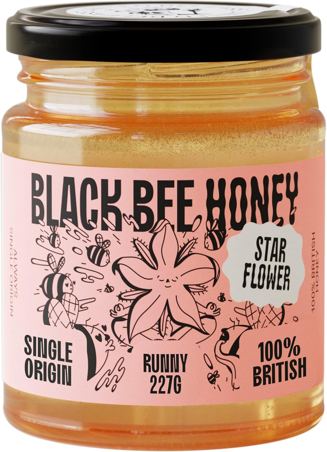 Black Bee Honey - Starflower Raw Honey Pure British Borage Light Sweet and Floral, Unprocessed, Single Source from Hive to Jar, Never Blended - Delicious on Toast or Soothing in Drinks, 227g Glass Jar