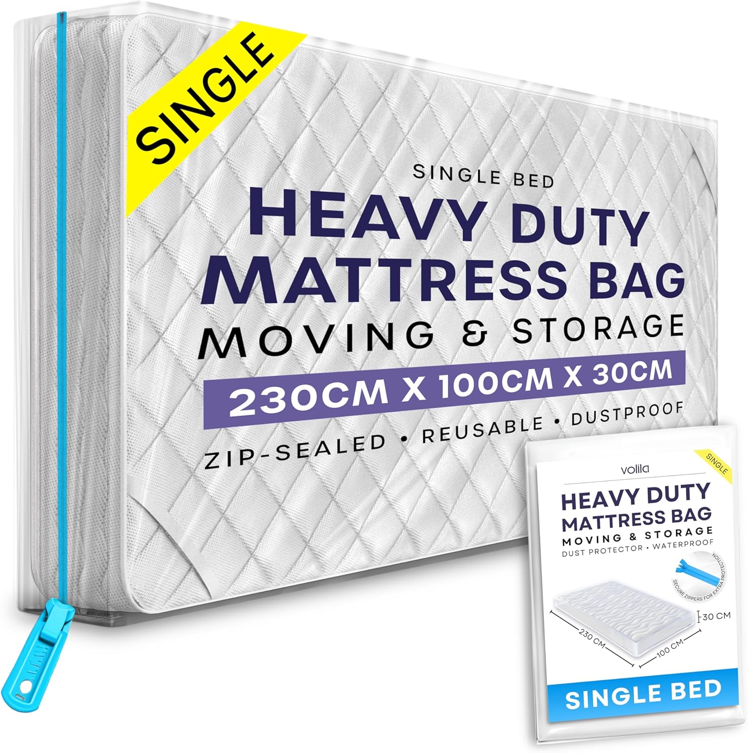 volila Single Mattress Storage Bag with Zipper - 1 Pack Waterproof Mattress Cover for Moving - Mattress Bag to Protect Beds from Stains, Dust, and Pest Damage - Plastic Mattress Cover
