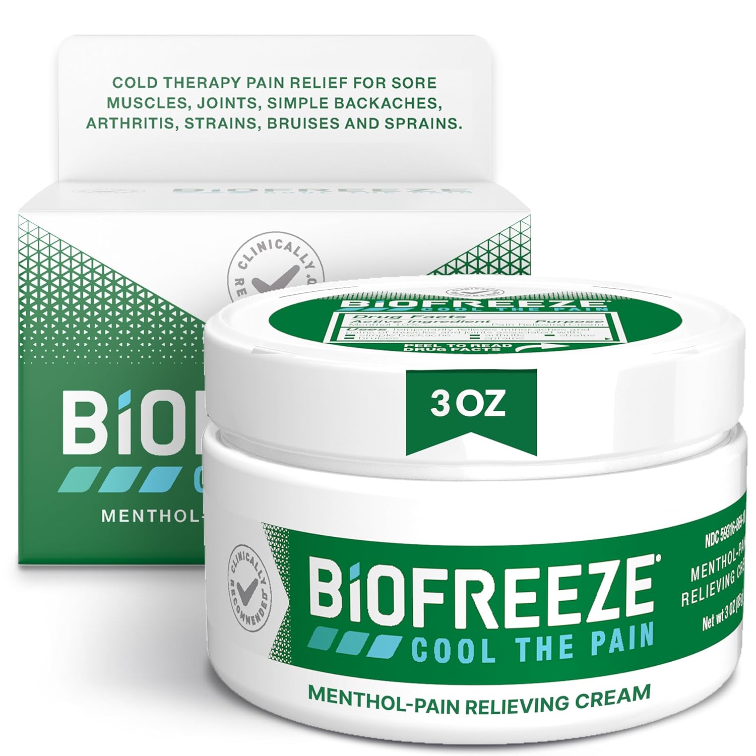 Biofreeze Menthol Pain Relieving Cream 3 OZ Jar for Pain Relief Associated with Sore Muscles, Arthritis, Simple Backaches, Strains, Bruises, Sprains and Joint Pain (Packaging May Vary)