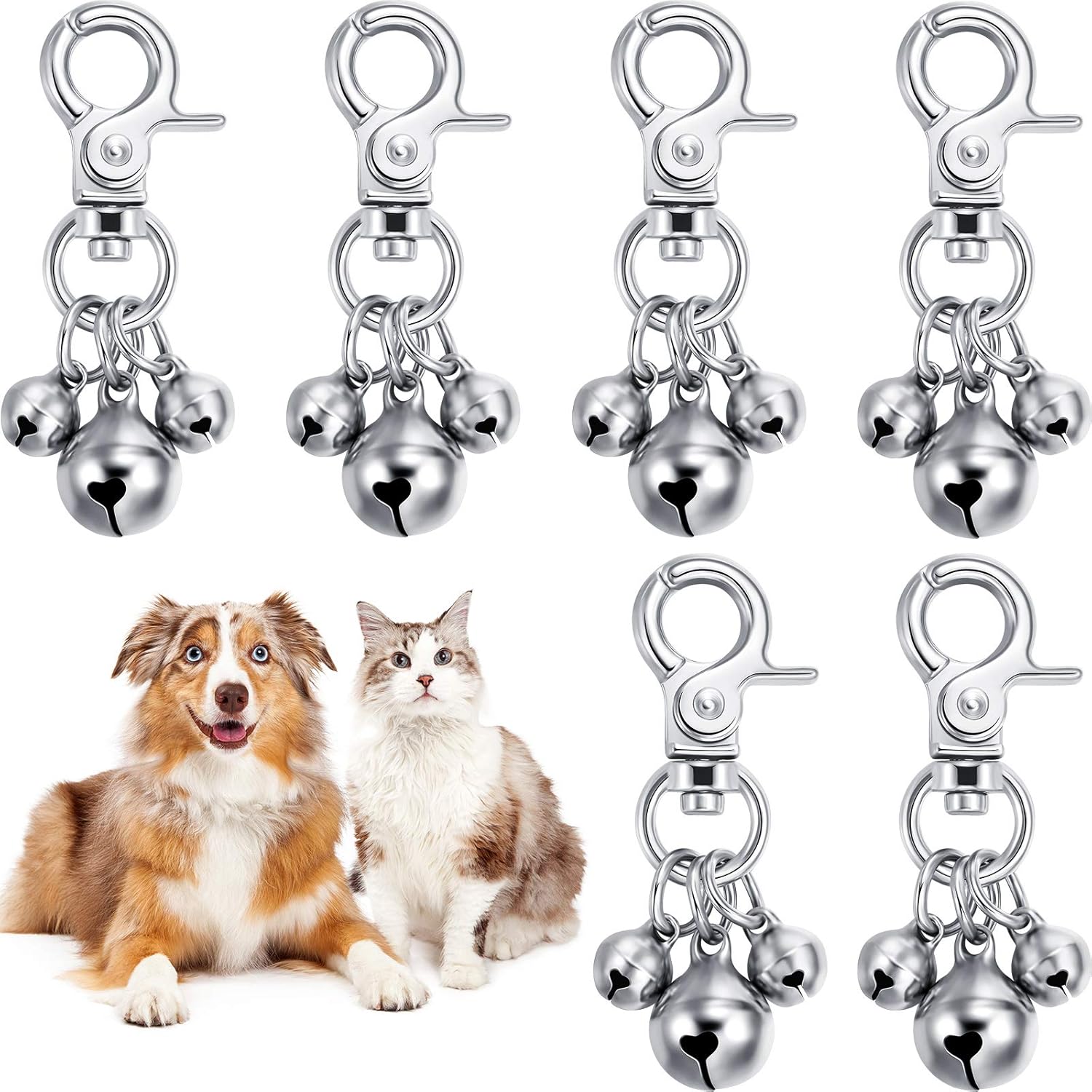 Weewooday 6 Pcs Dog Bells for Collars Loud Dog Bells Key Rings Puppy Collar Puppy Triple Pendant for Cat Gift Necklace Training(Silver)
