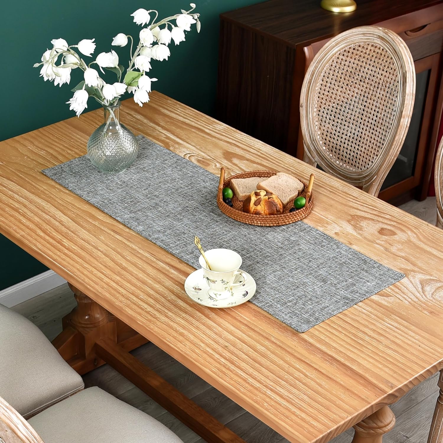 Farmhouse Rustic Faux Linen Table Runner Neutral Grey Table Runners Double Layer Reversible Rectangle Runners for Daily Use Kitchen Dining Banquet Holiday 13x36 Inch