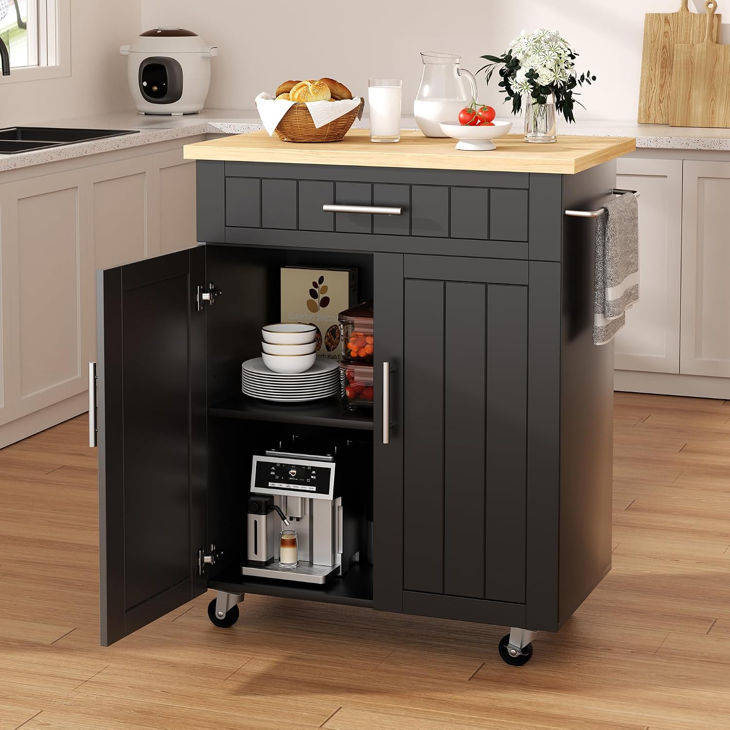 Shintenchi Kitchen Island Cart with Storage, Rolling Microwave Table