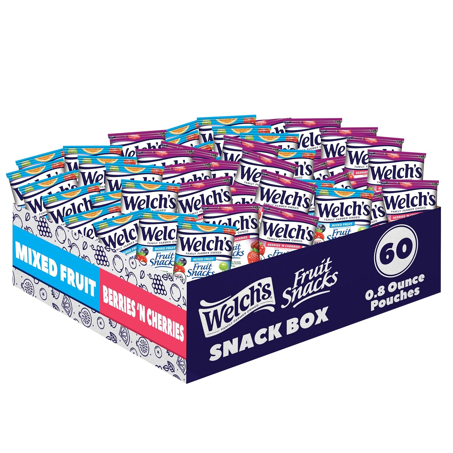 Welch's Fruit Snacks, Mixed Fruit & Berries 'N Cherries Variety Pack, Great for School Lunches, Bulk Pack, Individual Single Serve Bags, 0.8 oz (Pack of 60)
