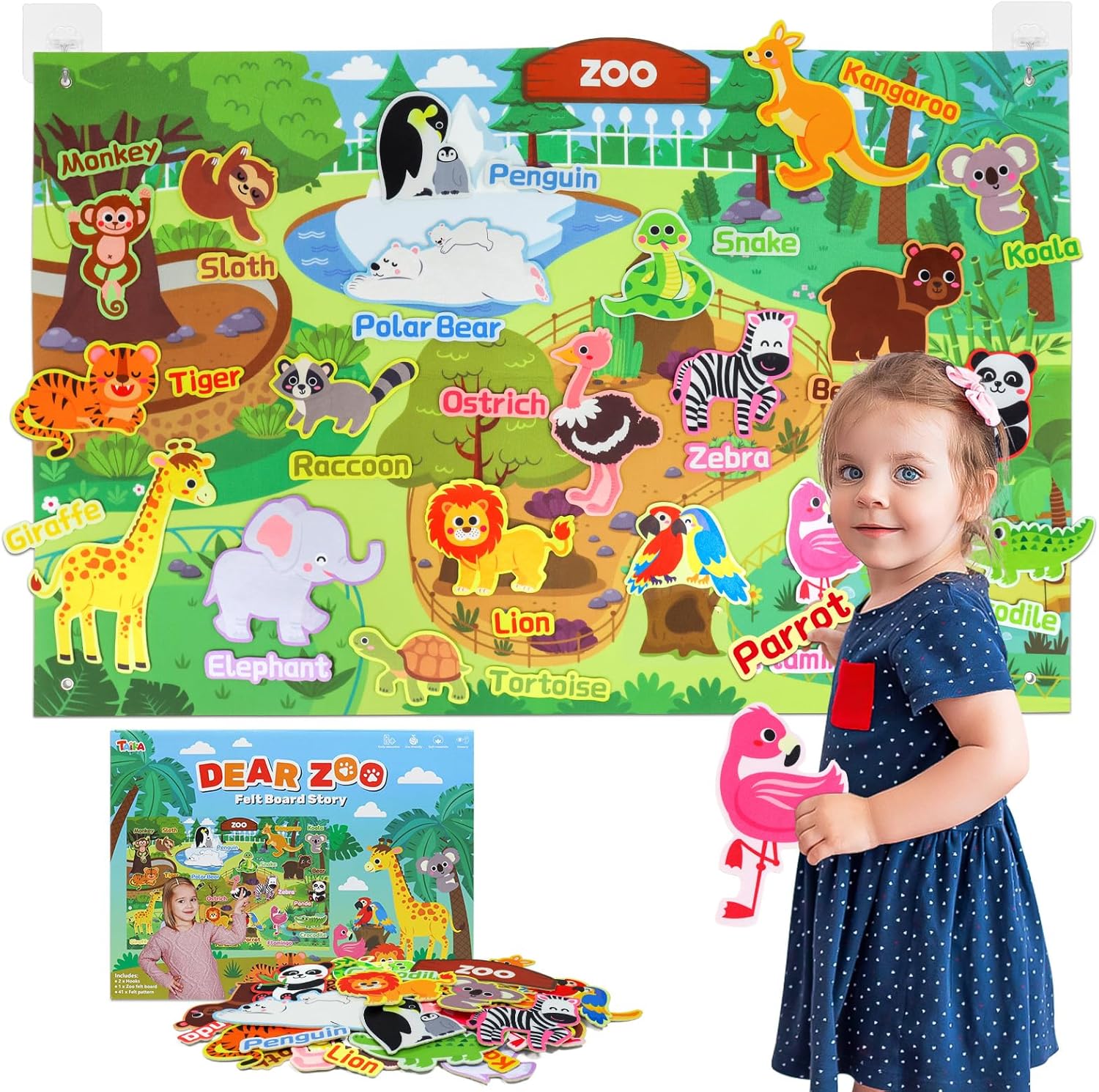 Taika 41Pcs Zoo Animals Felt Story Board Set, 43x28 inch Jungle Animals Flannel Board, Felt Toys, Preschool Learning Interactive Storytelling Teaching Play Activity Kits for Toddlers