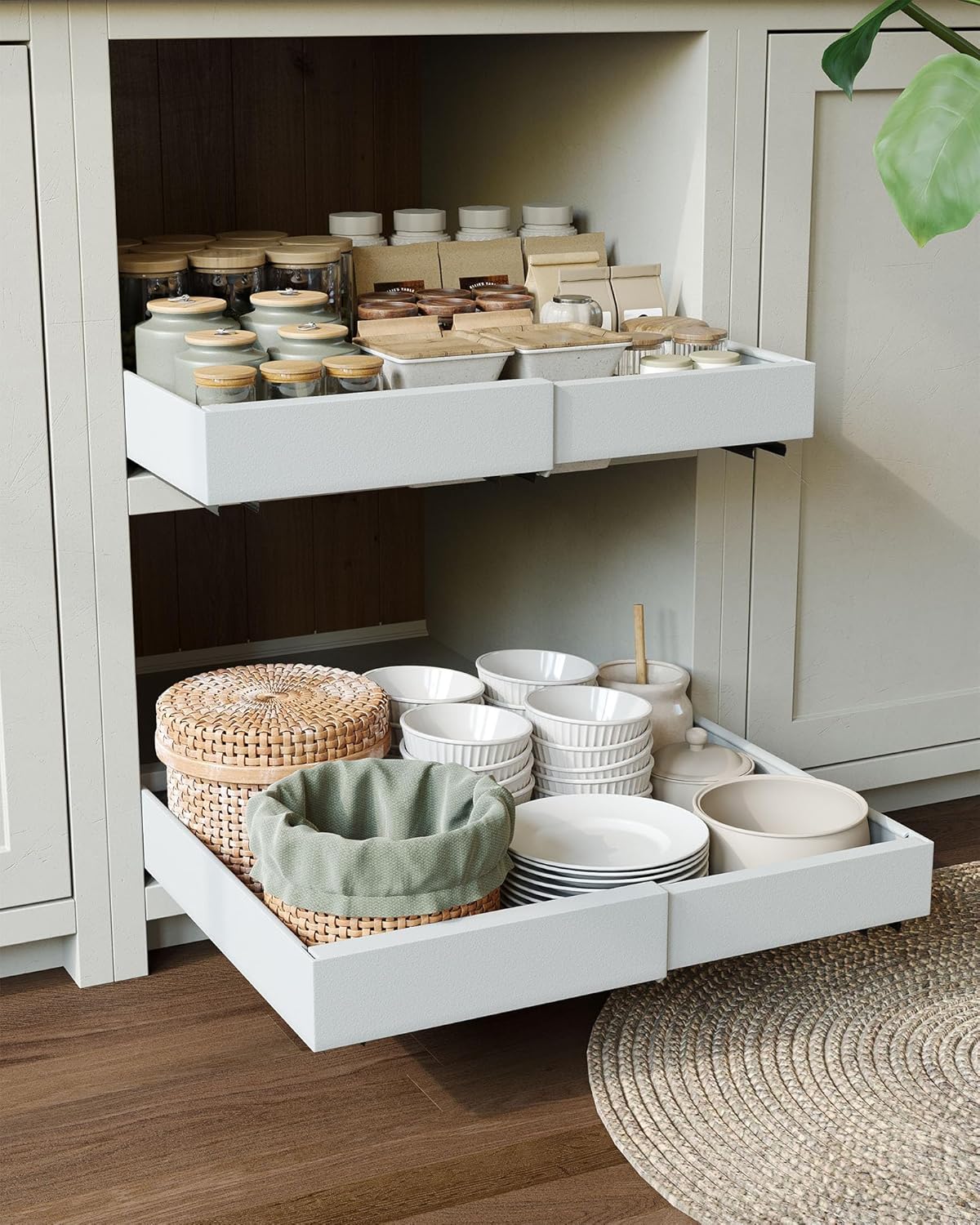 NETEL 2-Pack Pull Out Cabinet Organiser,Slide Out Drawers for Kitchen Cabinets,32cm-52cm Extendable Slide Out Drawer 3 Rails，No Drill Adjustable Drawers，Pull Out Kitchen Storage