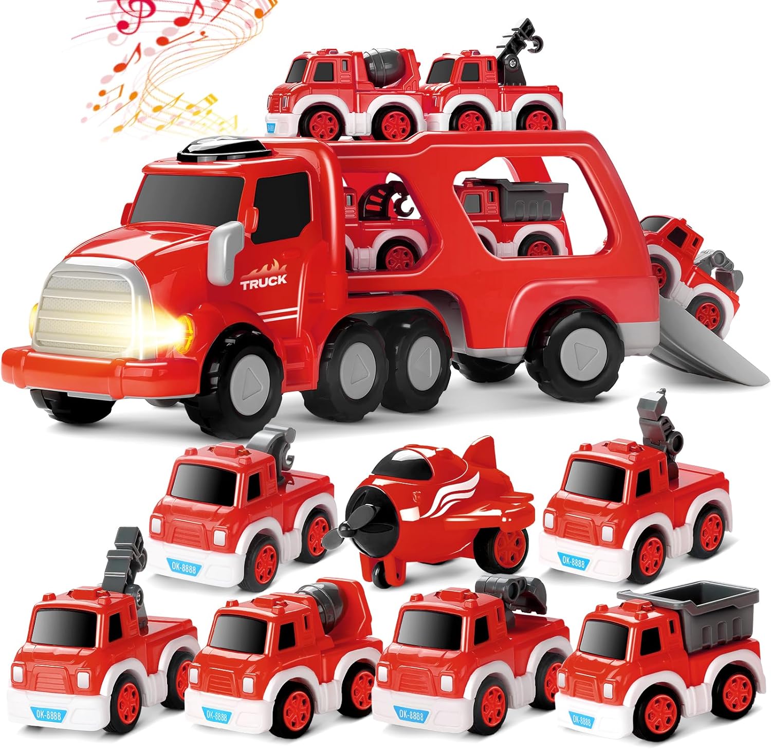 Fire Truck Toy Cars - Boy Toys for 3-5 Year Old Toddlers, 8 in 1 Carrier Truck with Pull-Back Toy Cars and Planes, Christmas Birthday Gifts for 3 4 5 6 7 Years Old Kids (Red)