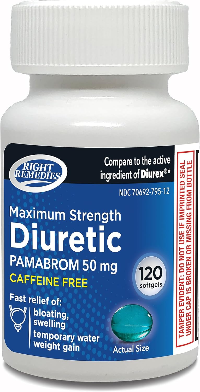 Maximum Strength Caffeine-Free Diuretic Softgels, (120 Softgels), Pambrom 50mg, Helps Relieve Heaviness Due to Water Weight gain