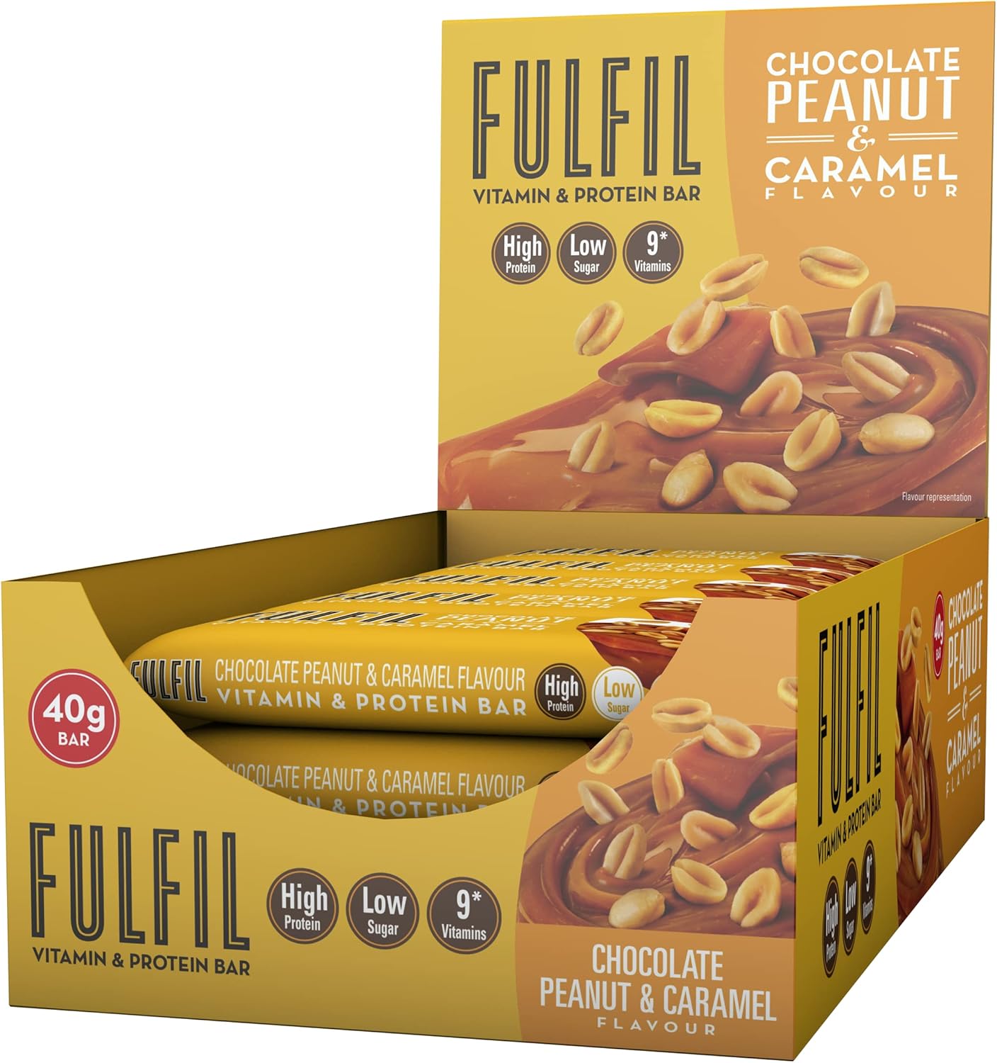 Fulfil Vitamin and Protein Bar (15 x 40 g Bars) — Chocolate Peanut and Caramel Flavour — 15 g High Protein, 9 Vitamins, Low Sugar