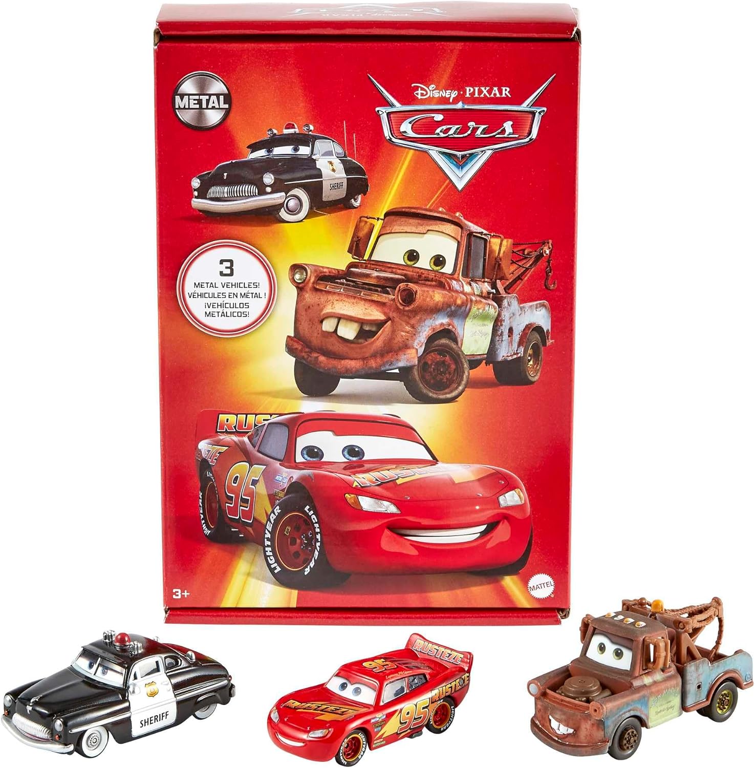 Mattel Disney and Pixar Cars Toys, Radiator Springs 3-Pack with Lightning McQueen, Mater and Sheriff Die-Cast Toy Cars, HBW14