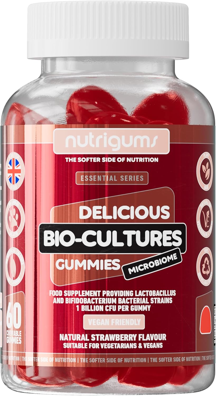 Bio-Cultures Microbiome Complex Gummy | 12 Multi-Strain Probiotics 1 Billion CFU | Acidophilus & Bifidobacterium | Strawberry Flavour | 60 Vegan Gummies | Support Wellbeing & Gut Heath by NUTRIGUMS®