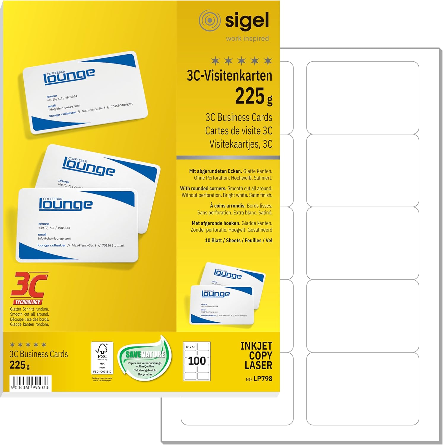 SIGEL LP798 Business Cards, 3C, 85x55 mm (A4), with rounded corners, dyi blank playing cards225 gsm, printable, bright White, 100 pieces= 10 sheets