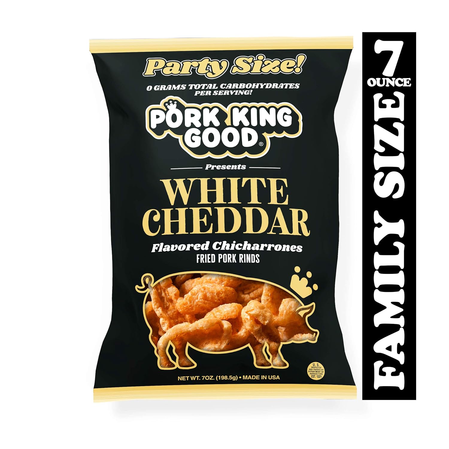 Pork King Good White Cheddar Pork Rinds 7 OZ FAMILY SIZE (Chicharrones - Keto Snacks)
