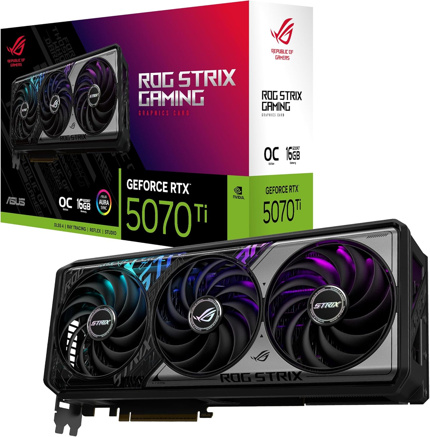ASUS ROG STRIX RTX5070 Ti OC, PCIe5, 16GB DDR7, 2 HDMI, 3 DP, 2625MHz Clock, RGB Lighting, Overclocked