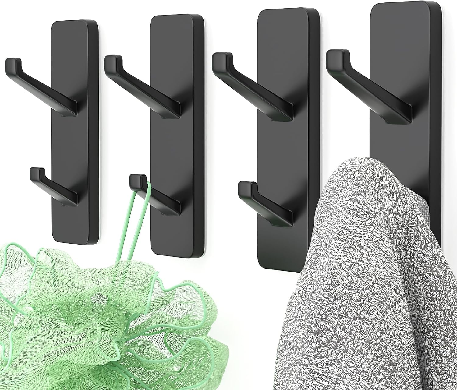 susswiff Wall Hooks Stick On for Hanging Coats - Strong Sticky Hooks, Heavy Duty (Hold 6KG), Self Adhesive Hook for Towel, Coats, Key, for Bathroom, Door, Kitchen, Black, Metal, 4 Pack