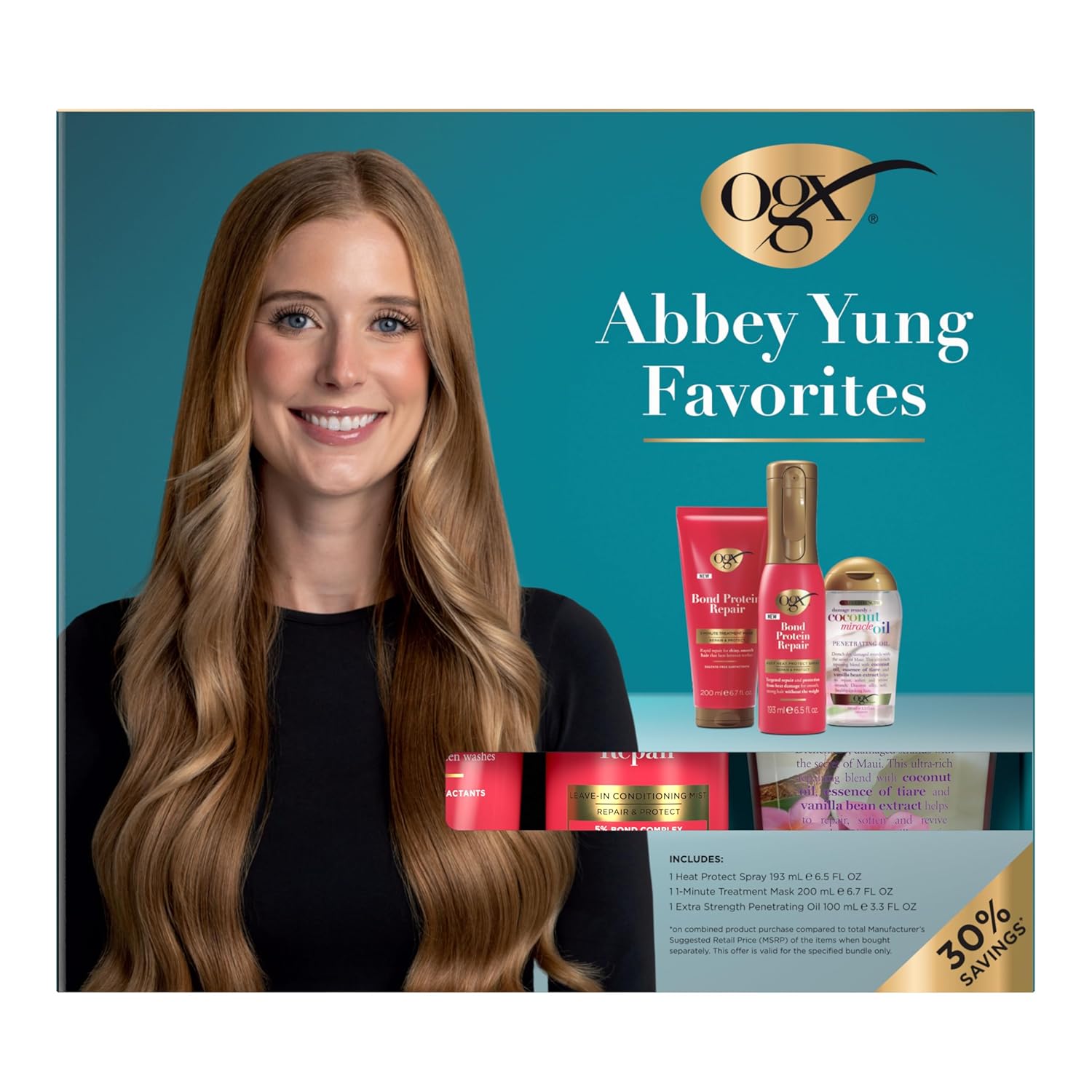 OGX Abbey Yung Favorites Set includes Bond Protein Repair 450°F Heat Protect Spray, Bond Protein Repair 1-Min Treatment Mask & Damage Remedy + Coconut Miracle Penetrating Oil, 3 Full Size Items