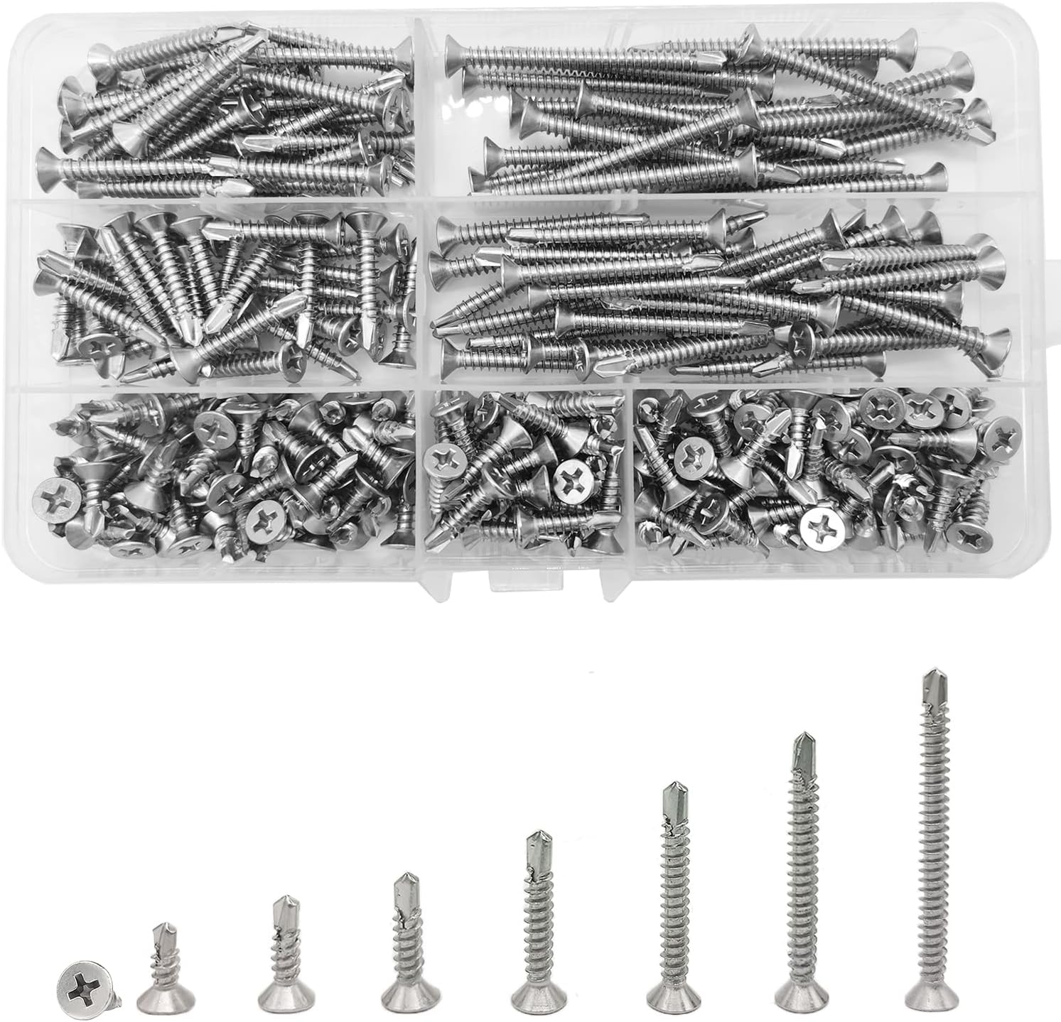 WeqeYent 260 Pcs M4.2 Self Drilling Screws, Stainless Steel Flat Head Self Tapping Screws for Metal, 13/16/19/25/32/38/50mm Roofing Screws Assortment Kit