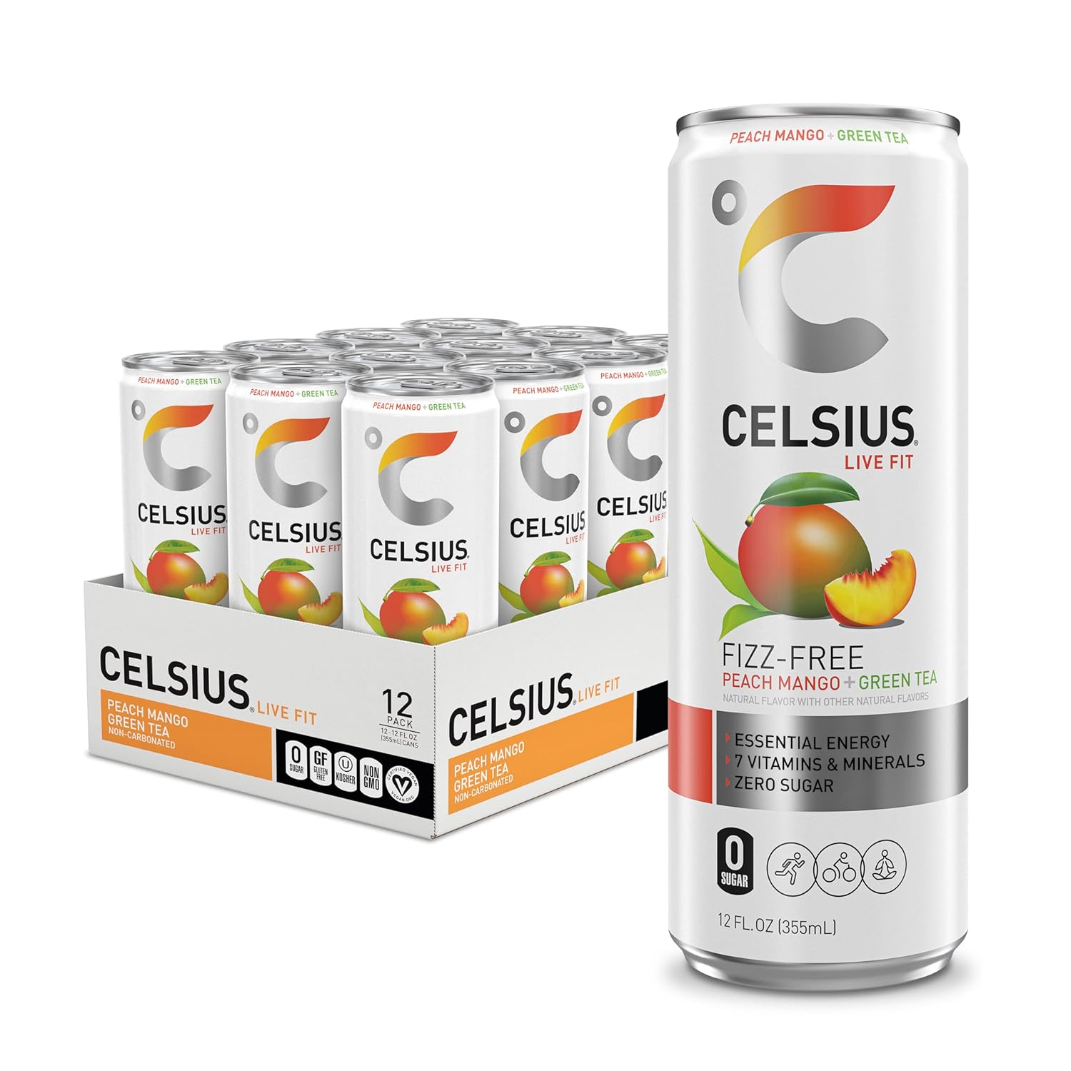 CELSIUS Fizz Free Peach Mango Green Tea, Sugar Free Energy Drink, 12 Fl Oz (Pack of 12)