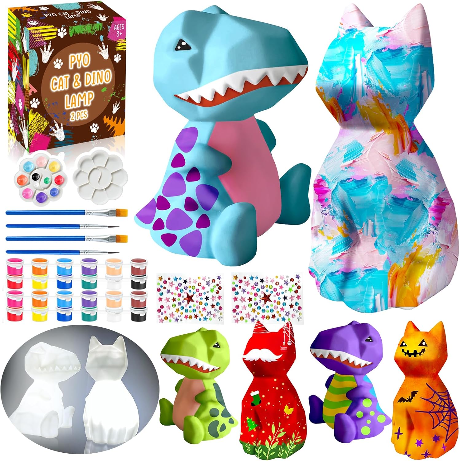 FUNZBO 2Pcs Paint Your Own Dinosaur & Cat Lamp - Arts and Crafts Supplies Painting Kits for Kids Teens, DIY Night Light Toy for Toddler Girls Boys Ages 3 4 5 6 7 8 9 10 11 12 Christmas Birthday Gifts