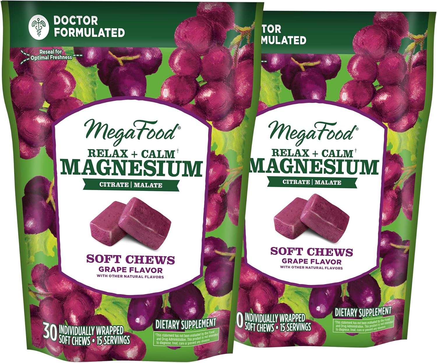MegaFood Relax + Calm Magnesium Supplement -Soft Chews with Magnesium Citrate & Magnesium Malate - Grape-Flavor - Dr Formulated - Vegetarian - Without 9 Food Allergens - 30 Chews (Pack of 2)