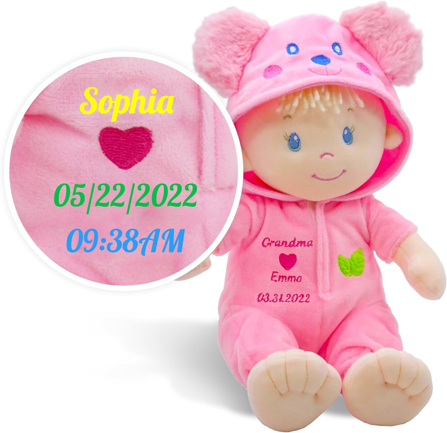 Lullaberry Personalized Sweet Dolly Frida - Stuffed Ultra Soft Baby Bear Doll for Birth and Up with Custom Name, Date or Birth Weight