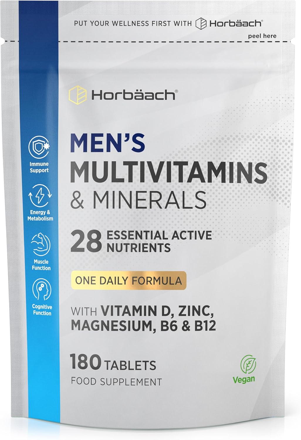 Multivitamin Tablets for Men | 180 Count | 28 Essential Nutrients | Supplement Suitable for Vegetarians | by Horbaach