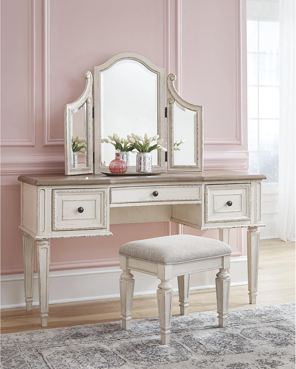Signature Design by Ashley Realyn Traditional Cottage 3 Drawer Vanity Set with Dovetail Construction, Mirror & Stool Included, Chipped White, Distressed Brown