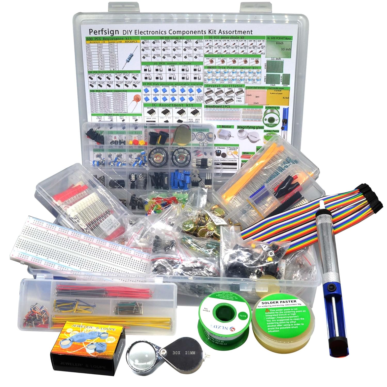2300PCS XXXXL Complete Set DIY Electronics Component Assortment Box Kit,IC,Solder,Solder Sucker,PCB,Breadboard,Jumper Wire,Magnifying Glass,Resistors,Capacitors,LED,Triode,Potentiometer,Speakers