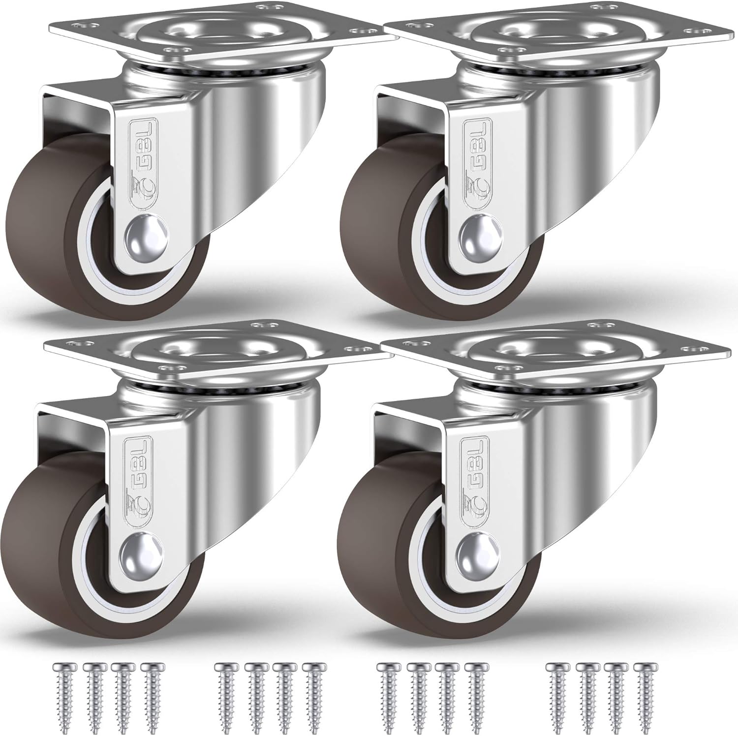 GBL Heavy Duty Castor Wheels + Screws - 25mm up to 40KG - Pack of 4 No Floor Marks Silent Caster for Furniture - Rubbered Trolley Wheels - Silver Castors