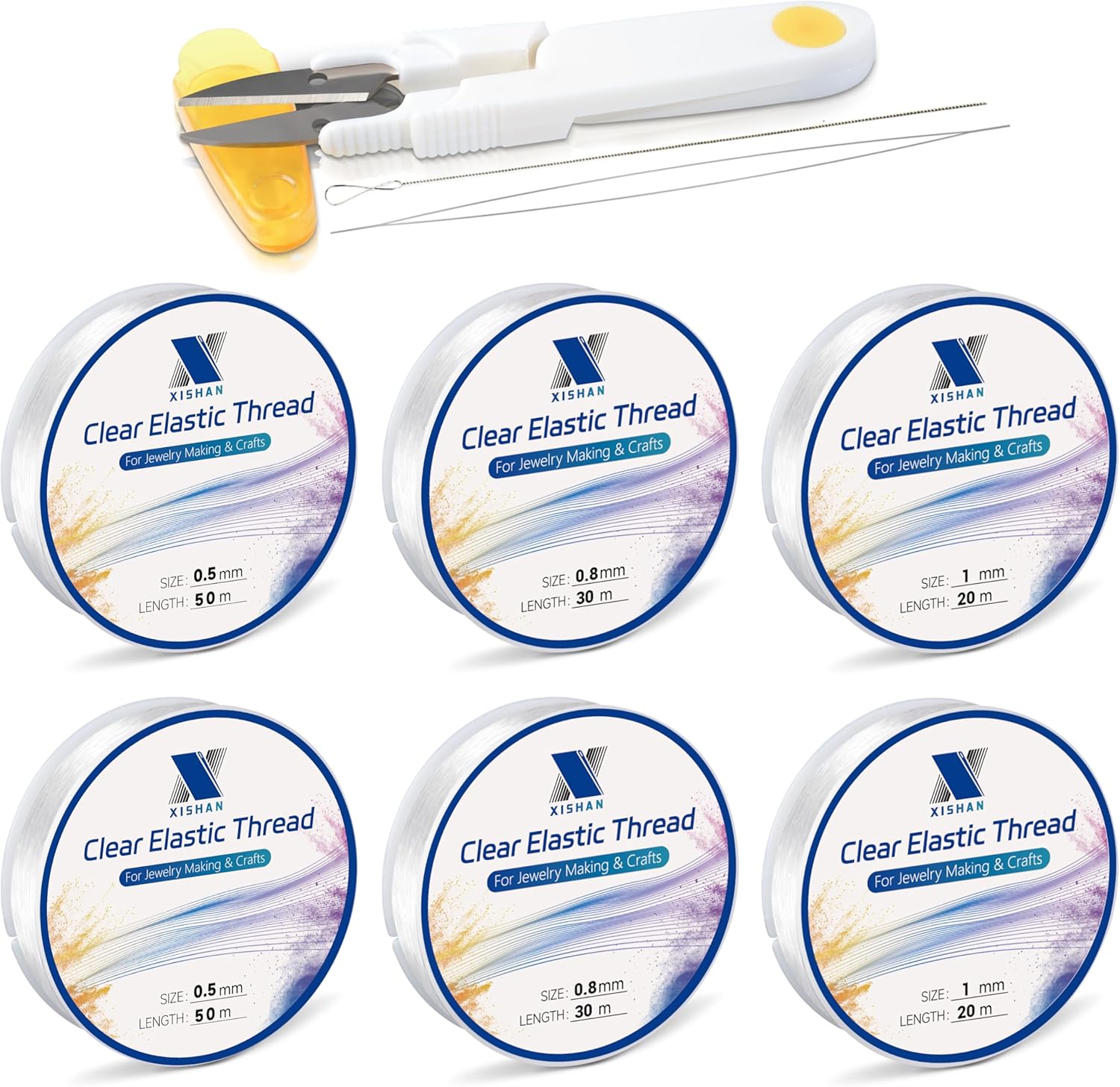 Pack of 6 Clear Elastic Bracelet String for DIY Jewelry Making 200m (0.5mm 50m, 0.8mm 30m, 1mm 20m) x2 with 1 Scissor and 2 Needles Clear Bracelet Elastic Thread Stretchy Elastic for Bracelet Making