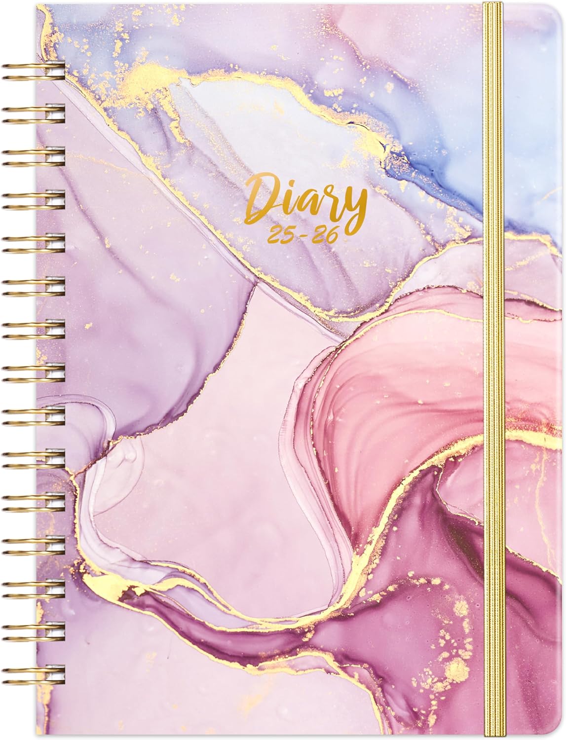 Academic Diary 2025-2026 - A5 Diary Week to View from August 2025 to July 2026, Pink and Gold, Twin-wire Binding, HardCover, Elastic Closure, 21.5 x 15.5 x 1.5 cm