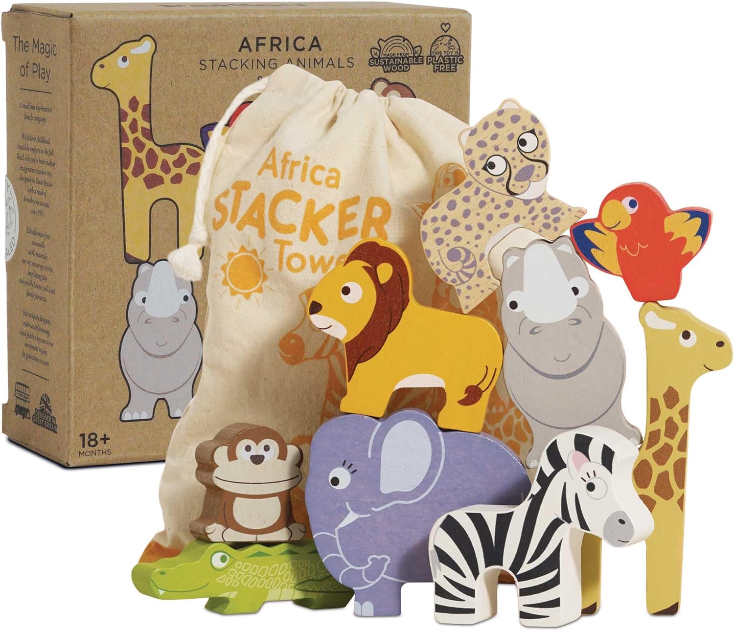 Le Toy Van - Wooden Petilou Africa Stacker & Bag Educational Balancing Activity Toy for 18m+, 9 pieces