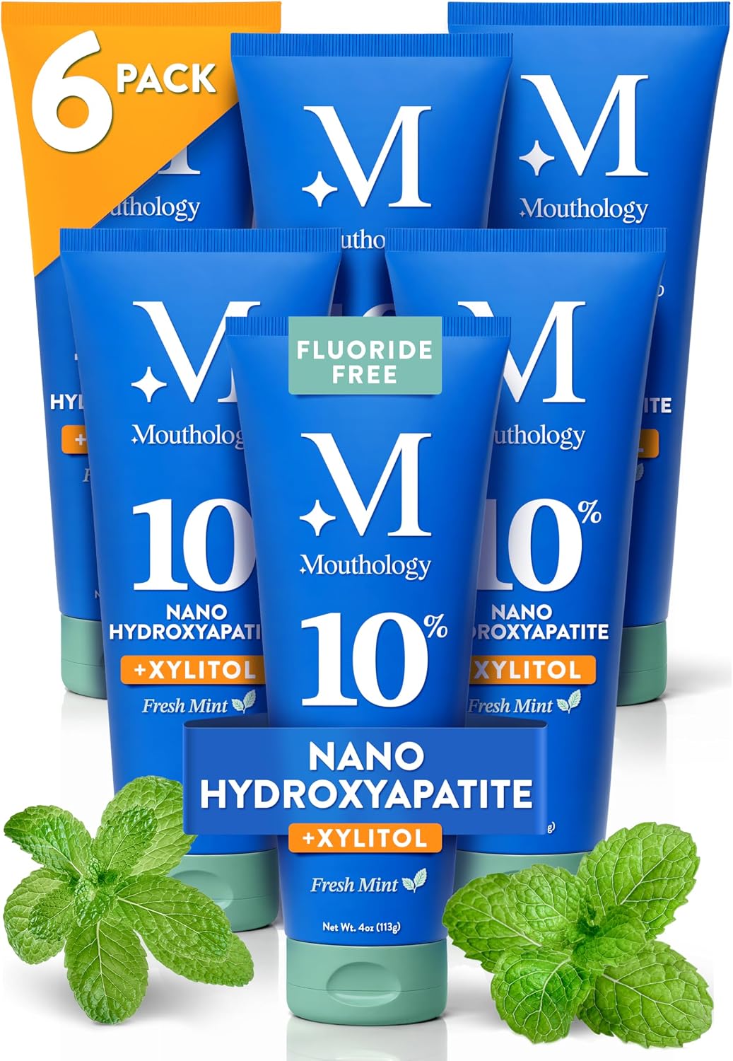Mouthology 10% Nano Hydroxyapatite Toothpaste (6pk, Fluoride Free), Whitening*, Supports Enamel Care*, Appropriate for Sensitive Teeth*, SLS Free, Xylitol nHA Toothpaste Adults, Mint 4oz (USA Made)