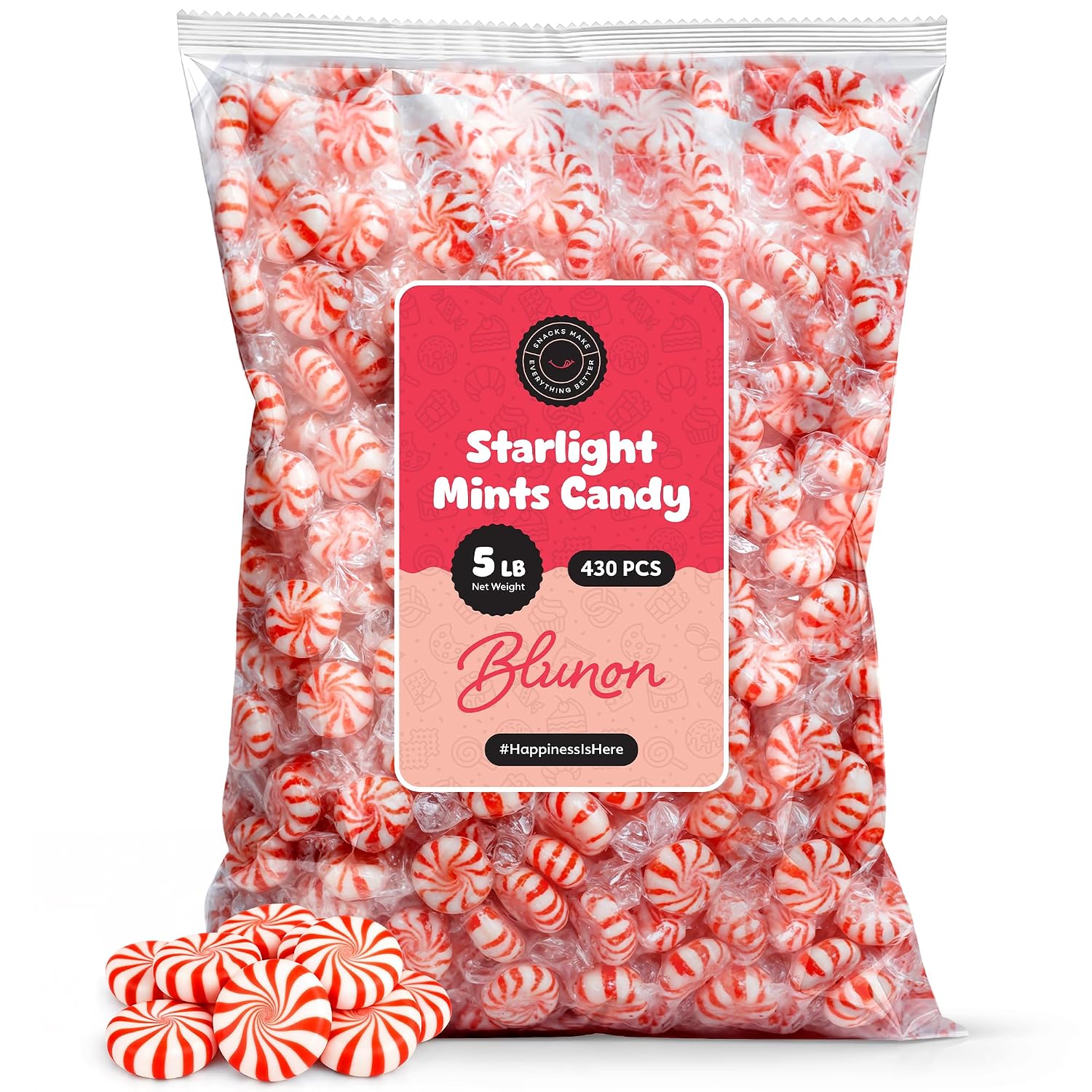 Peppermint Candy Starlight Mints - 5 Pounds Bulk Individually Wrapped - Classic Holiday Candies - 430 Pieces