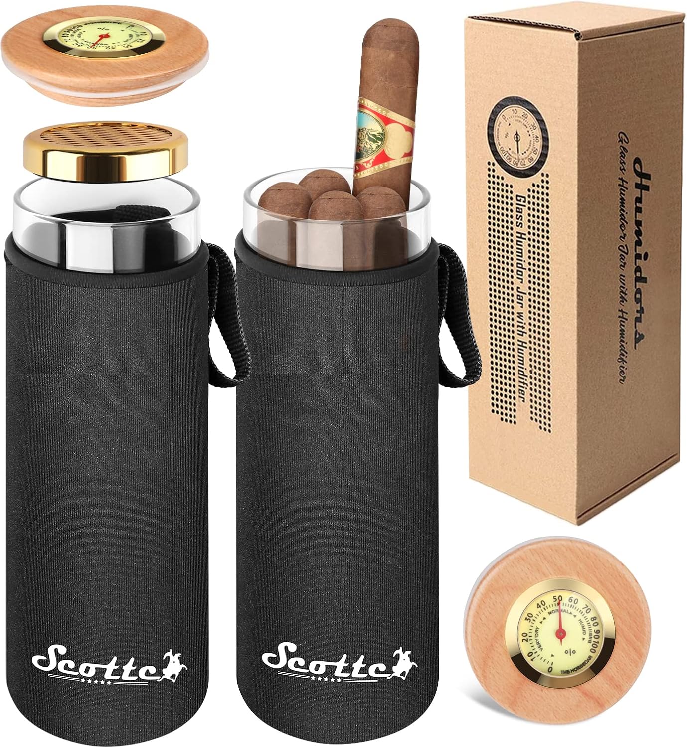 Scotte Cigar Case Humidor Gift Box Cigars jar humidifiers-Cigar Hygrometer humidifier-Travel Cigar Tube for 4 to 5 Cigars (Black)