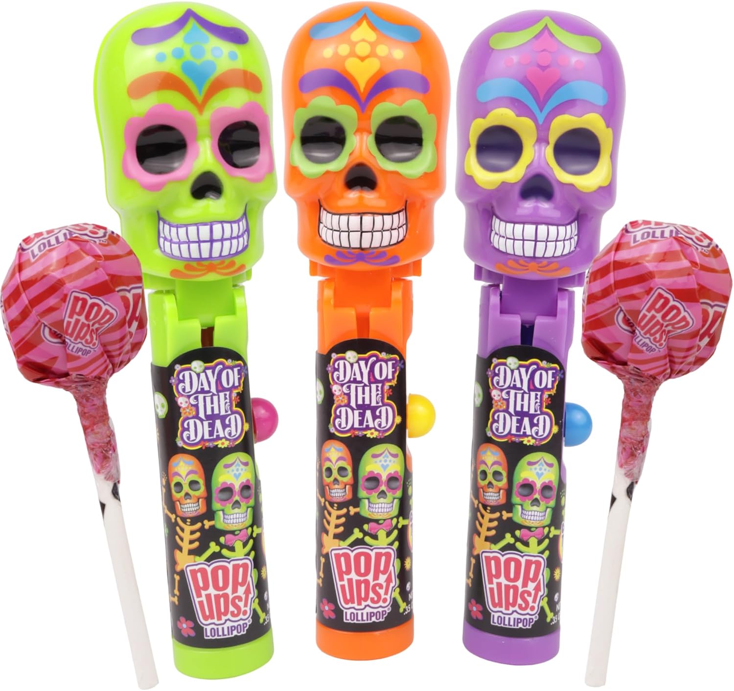 Halloween Day of the Dead Pop Ups, Sugar Skull Lollipop Holders, Strawberry Flavored Suckers, Style May Vary (Pack of 3)