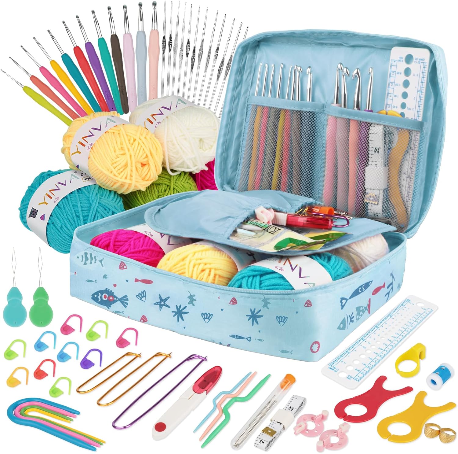 YINVA Crochet Kits Crochet Hooks Set for Beginners Adults Knitting Kit Ergonomic Metal Crochet Hooks 0.6mm-8mm Knitting Accessories Tools Crochet Wool Yarn Storage Case Needles Starter Kit-Blue