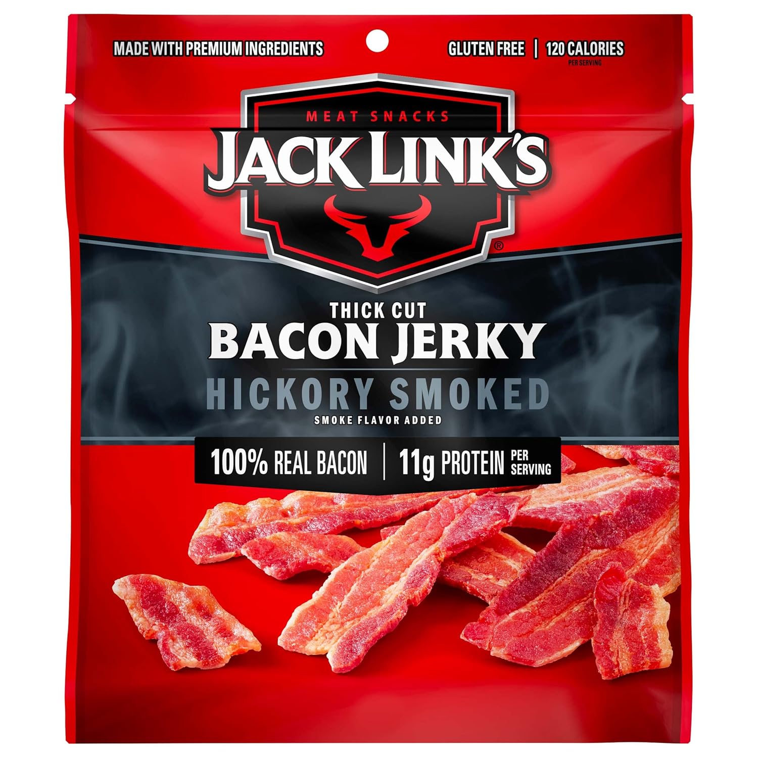 Jack Link's Bacon Jerky, Hickory Smoked - Flavorful Ready to Eat Meat Snack with 11g of Protein per Serving, Made with 100% Thick Cut Real Bacon, Protein Snack, Keto Friendly, 2.5 oz.