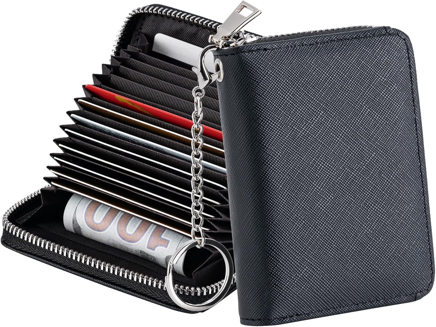 CADONO Women's RFID Blocking Zipper Credit Card Wallet, Black, 20 Card Slots, Keychain & Lanyard Attachment, Slim & Portable for Women