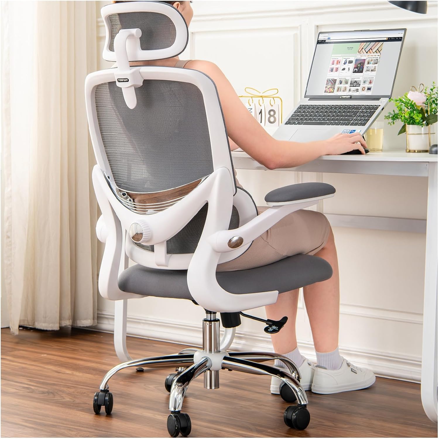 Ergonomic Office Chair - High Back Mesh Design with Adjustable Lumbar Support, Flip-Up Armrests, Removable Headrest & 360° Swivel - Space-Saving for Home, Work, or Gaming - White + Grey