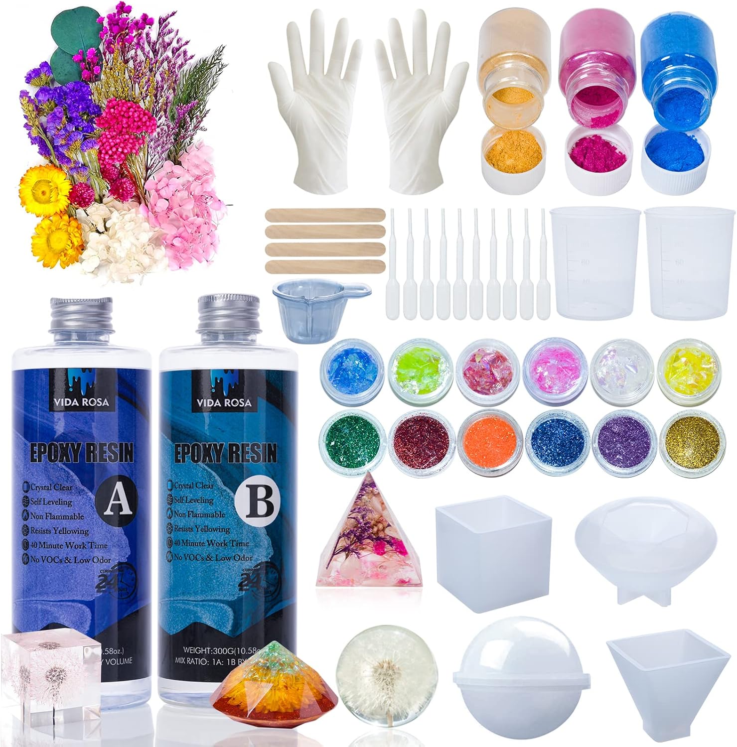 VidaRosa Epoxy Resin Kits for Beginners with molds,Dried Flower，600ml/ 21.16oz Crystal Coating for Art, Craft, Jewelry Making, River Tables,2 Gloves, 2 Measuring Cup and 2 Wooden Sticks